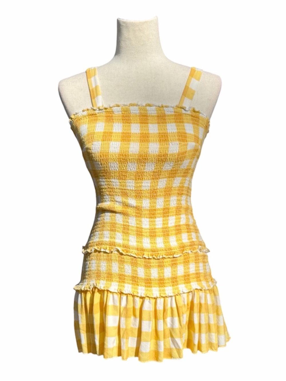 Simply Jules Sunflower Mustard Yellow Gingham Smocked Ruffle Mini Dress S